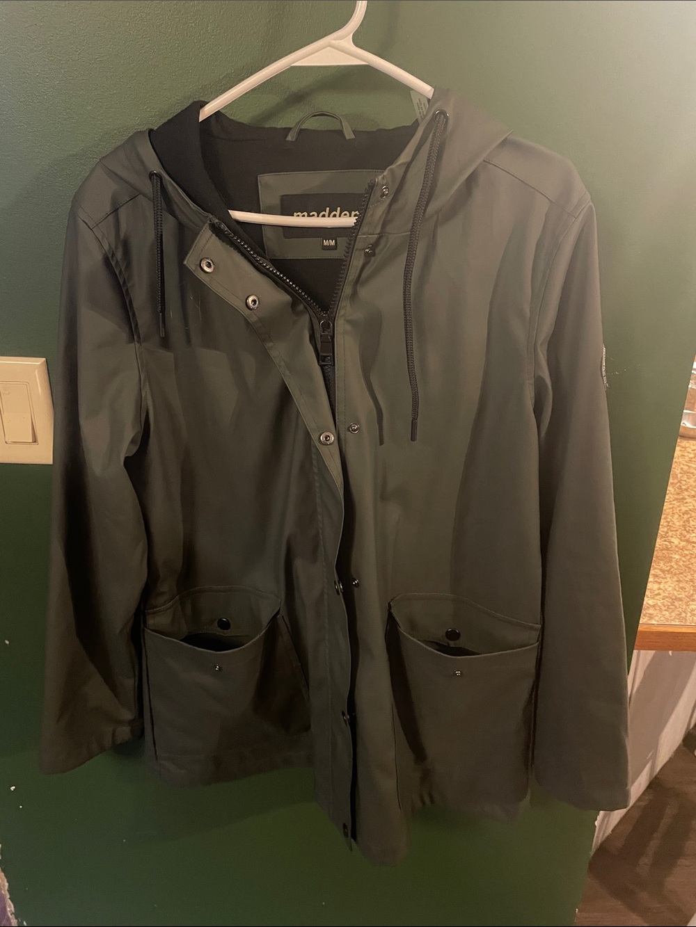 Madden NYC Women’s Medium Rain Jacket Dark Olive Green Hooded
